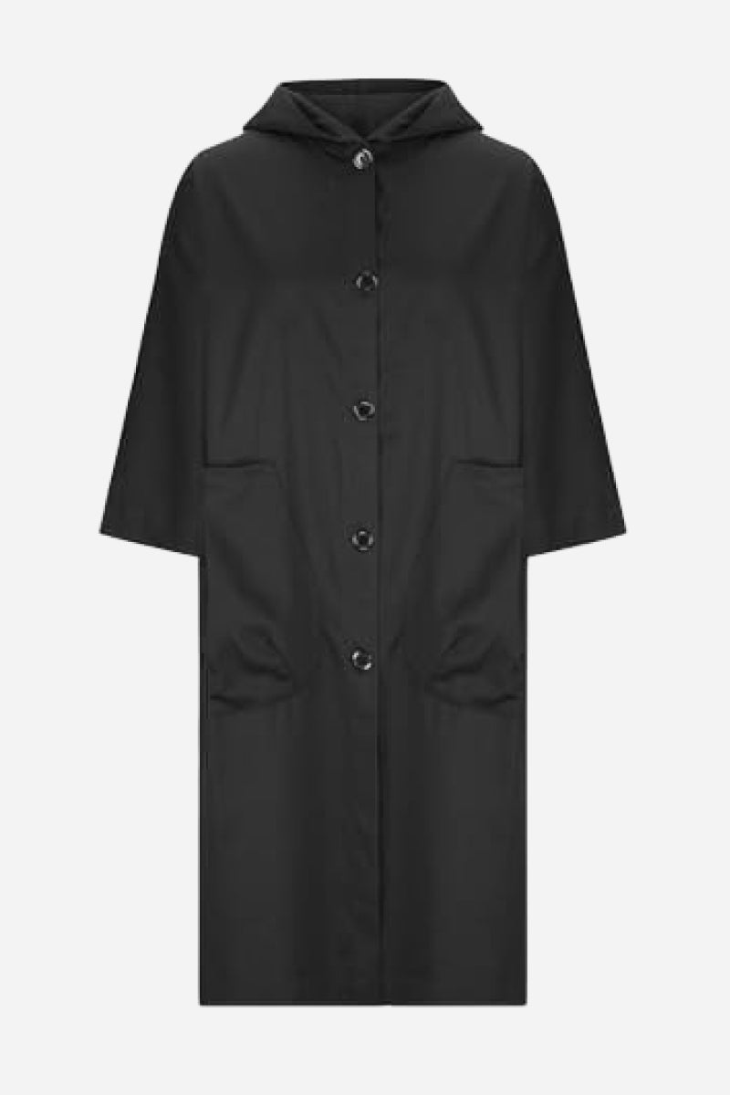 Introducing the **Black One Size Fits All Oversized Waterproof Windbreaker Jacket** from **looseboho**, featuring a hood, two front pockets, and a simple straight-cut design with buttons down the middle. The three-quarter length sleeves provide wind protection, while its minimalistic and functional style ensures an oversized fit for maximum comfort.