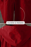 The image depicts a Burgundy One Size Fits All Oversized Waterproof Windbreaker Jacket by looselyboho, with two close-up sections. The top section focuses on a portion of the back near the upper-middle, while the bottom section highlights the back hood area. Between the sections, there is text reading "Durable & Reliable".