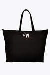 A large, black, zippered tote bag featuring two handles and a white embroidery of the letter "W" on the front. Ideal for the sophisticated traveler, this lightweight waterproof bag, “The One” Waterproof Travel Bag by looselyboho, also includes an internal pocket. The bag is set against a plain white background.